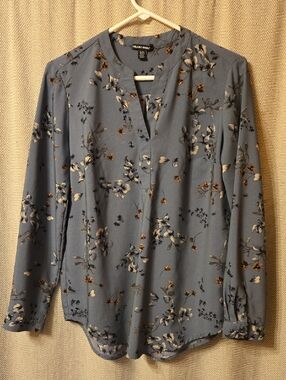 Hilary Radley Dusty Blue Floral Split-Neck Long Sleeve Blouse